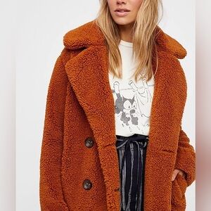 Free People Notched Teddy Peacoat Brown Carmel Size XS Oversized